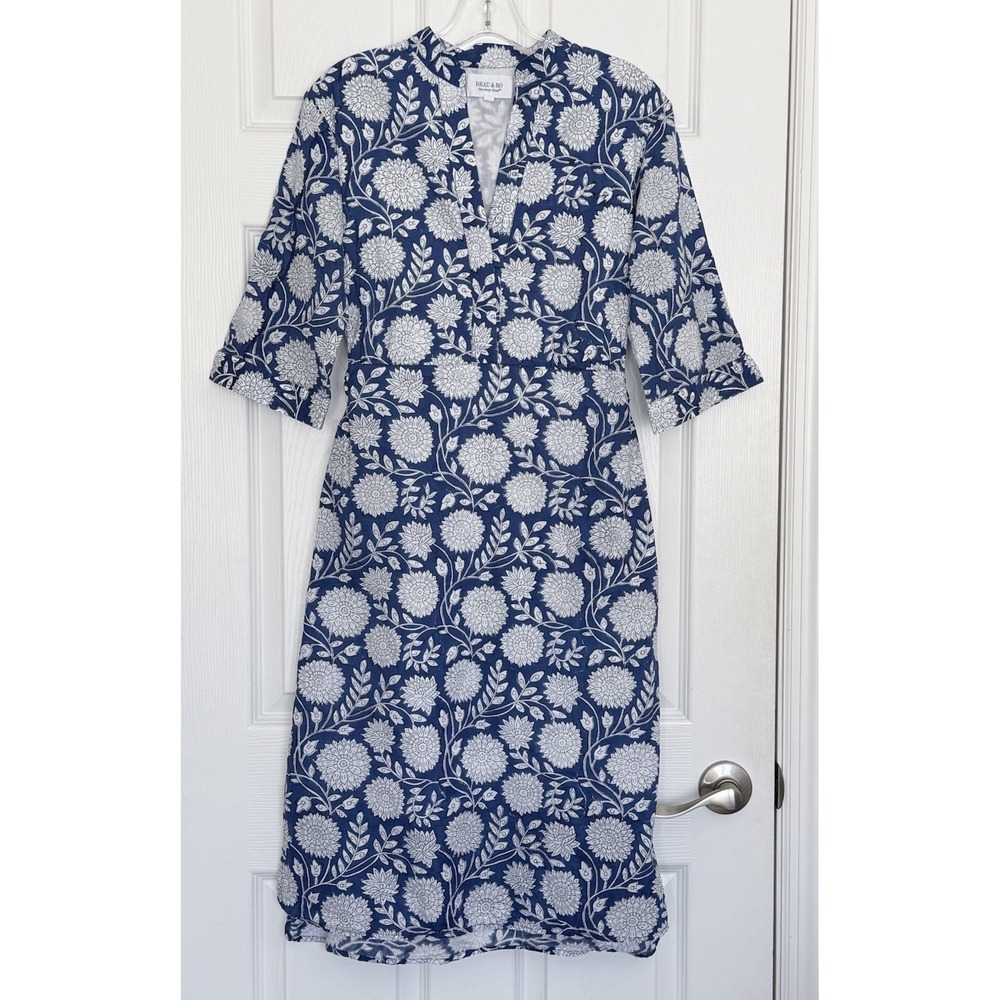 Beau & Ro The Every Day Dress Midi Floral Print Blue Size Small Pockets - Picture 2 of 13